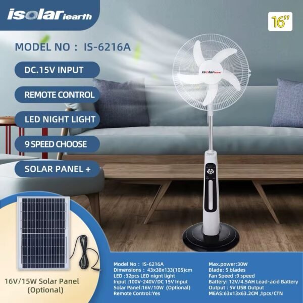 Solar Power Energy Saving DC 12V Standing Fan with LED light 18inches