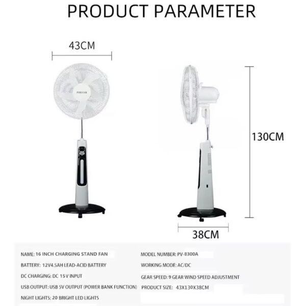 Solar Power Energy Saving DC 12V Standing Fan with LED light 18inches - Image 3